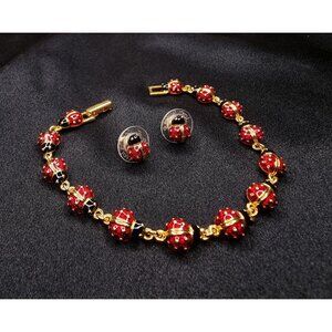 Vintage Joan Rivers Signed Ladybug Bracelet & Earrings Set Classic